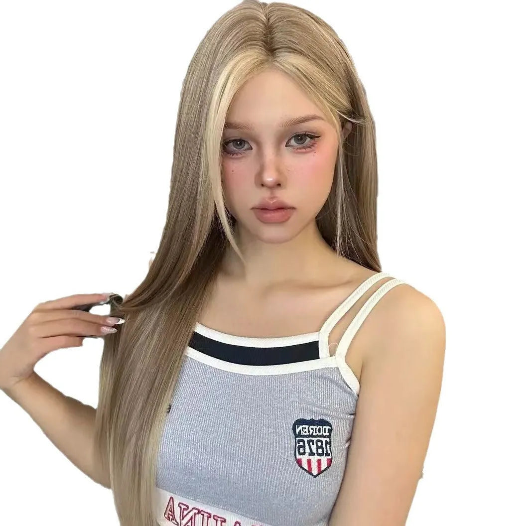 Golden brown gradient forehead lace wig with centre-parted style on display