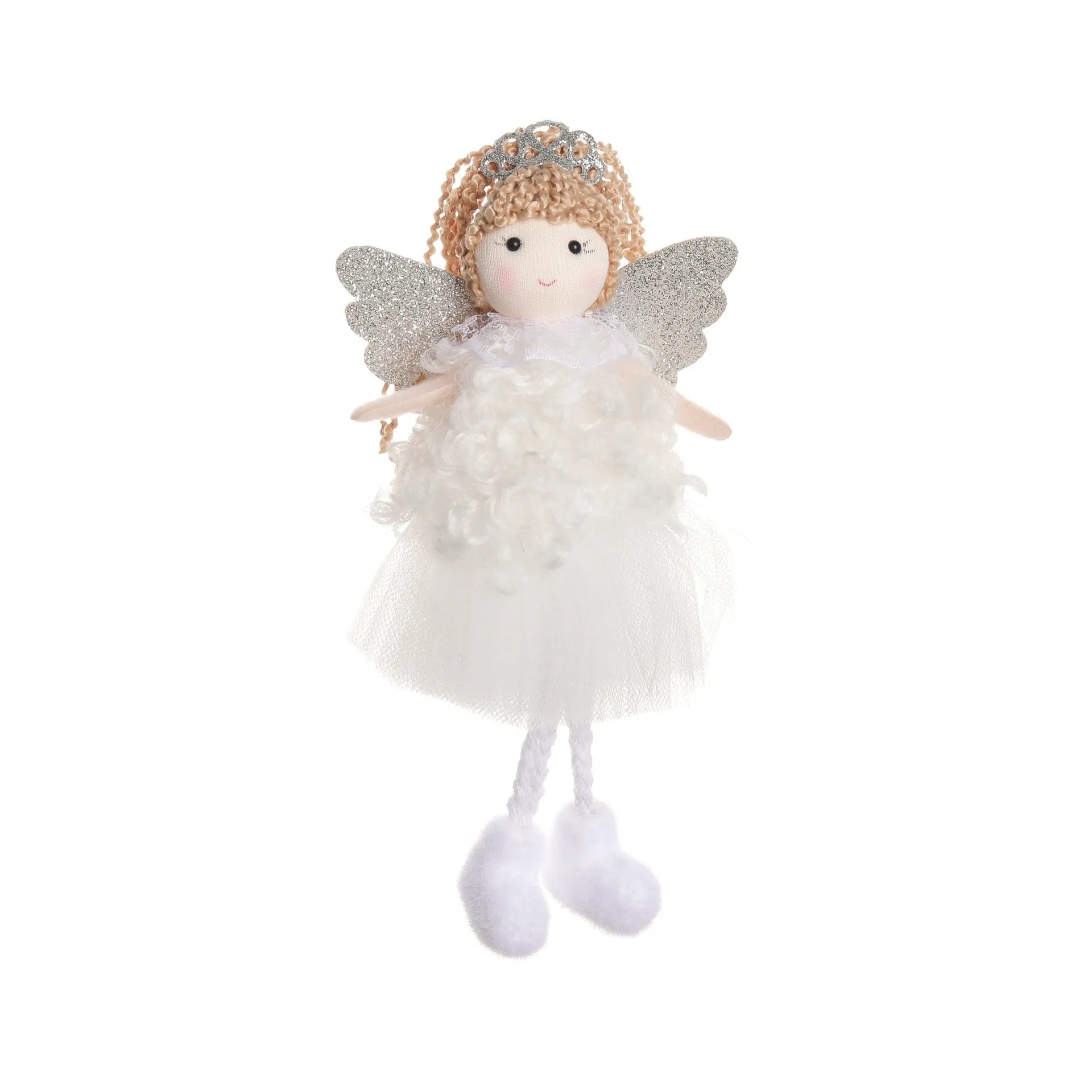 Close-up of a girl's cloth Christmas angel hair pendant clip in white, shown on a high ponytail.