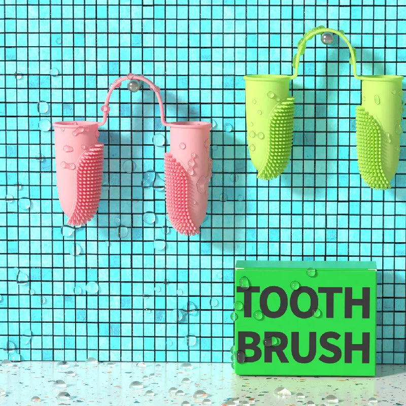 TPR double finger toothbrush set for pet dental cleaning in pink, blue green, and grass yellow colours