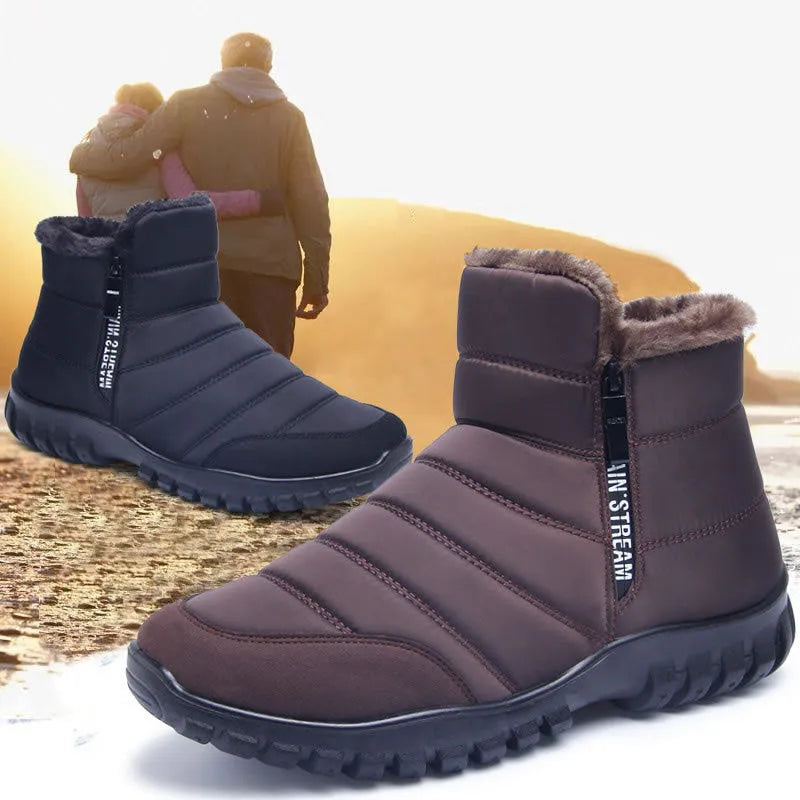 Men's waterproof winter boots in black with canvas upper, plush lining, side zip and flat polyurethane sole