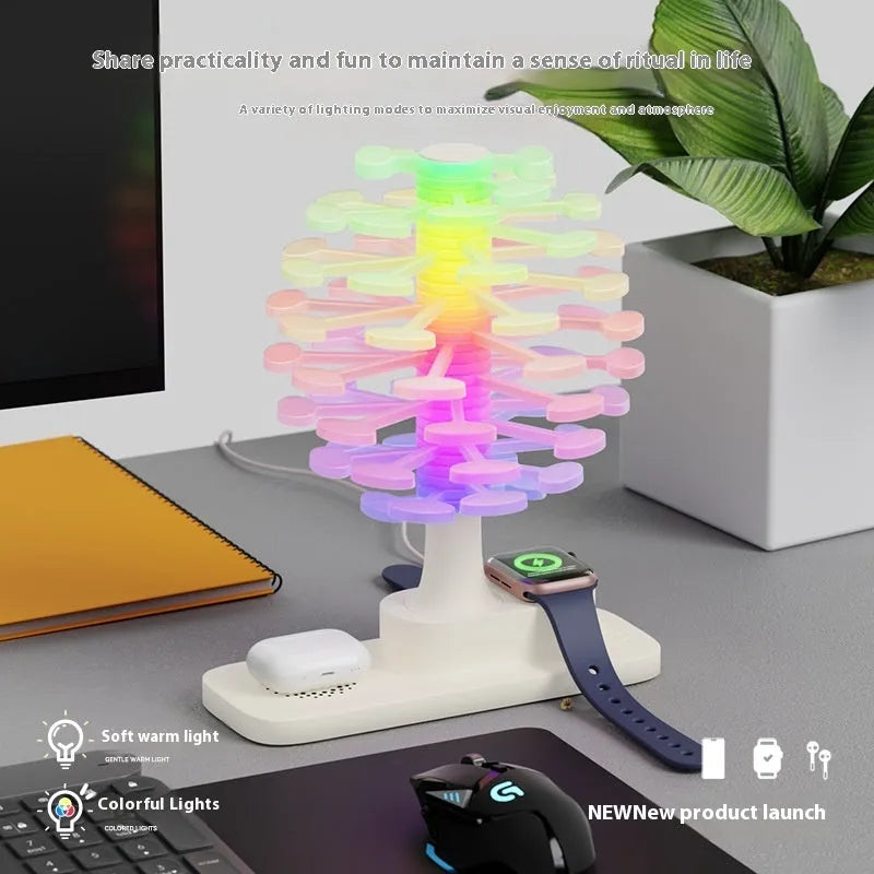 Spiral tree geometric LED table lamp with white lighting on wooden surface