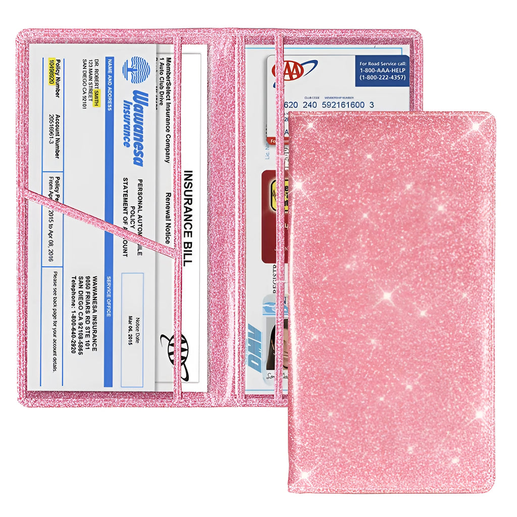 Purple PU leather car insurance and registration document wallet lying flat, showing its slim 24cm profile.