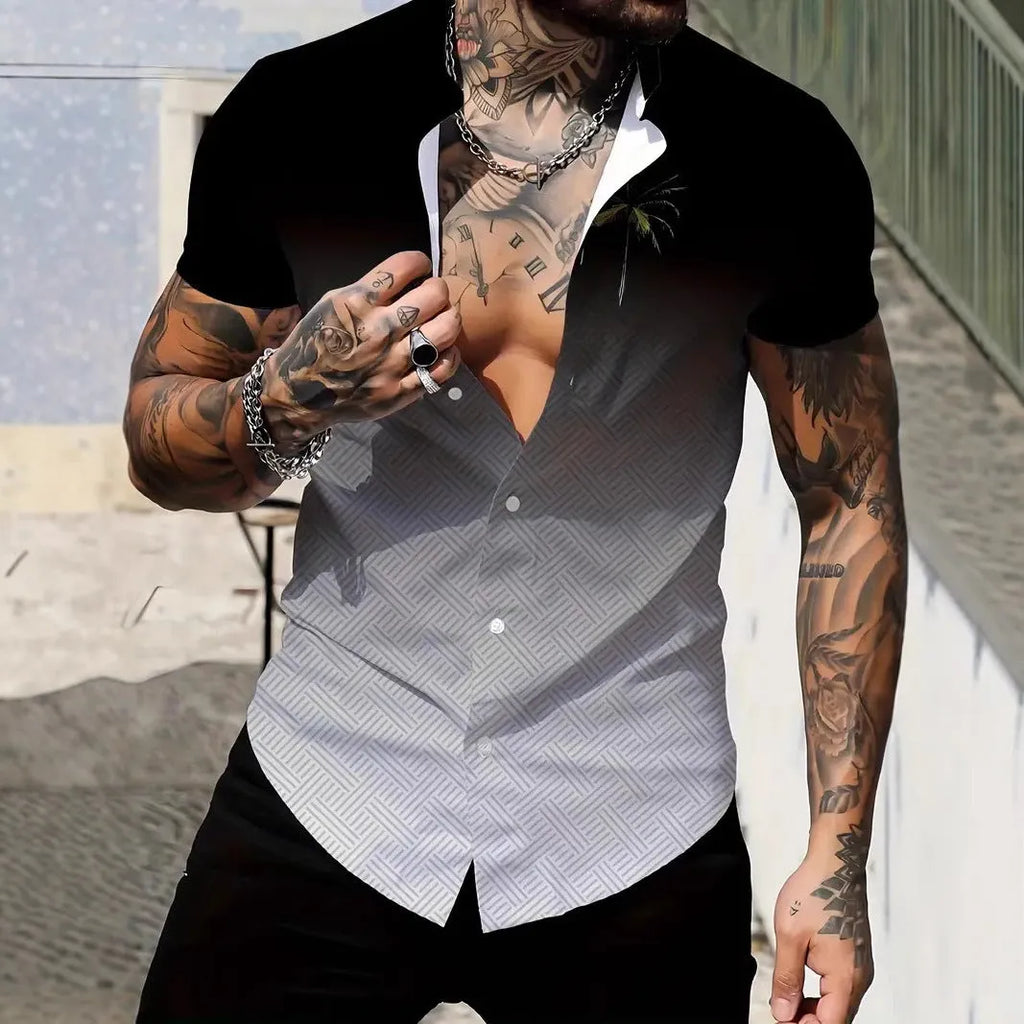 Men's geometric line print short sleeve shirt with lapel neckline in slim fit polyester