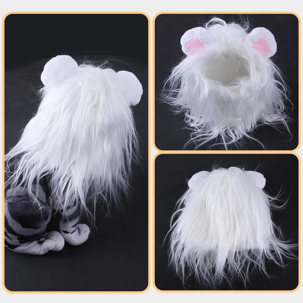 Black and white pet cat lion headgear wig hat costume with elastic chin strap in three size options