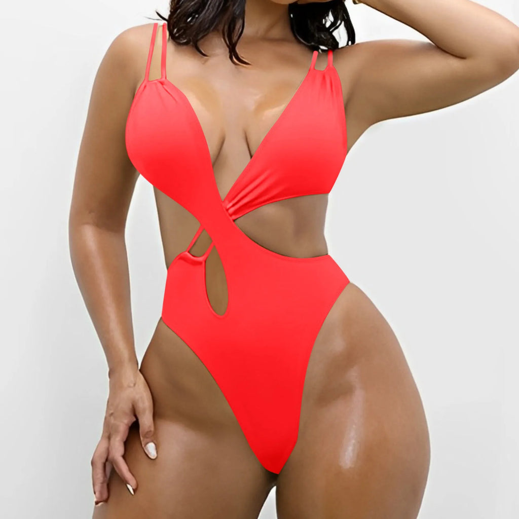 Women's backless one-piece triangle swimsuit in nylon, shown in watermelon red, goose yellow, lake blue, or peacock blue.