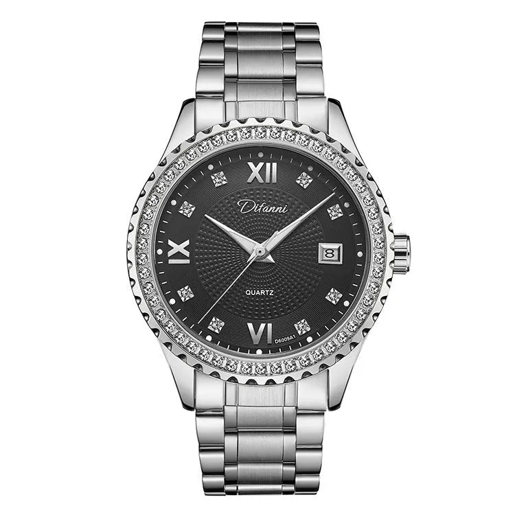 Fashionmonger men's gold automatic mechanical watch with black dial and luminous hands on a metal bracelet.