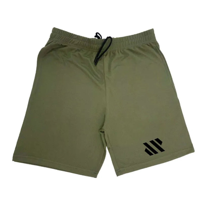 A pair of loose-fitting metal silk sports shorts in sapphire blue, laid flat to show the simple design and no-liner construction.
