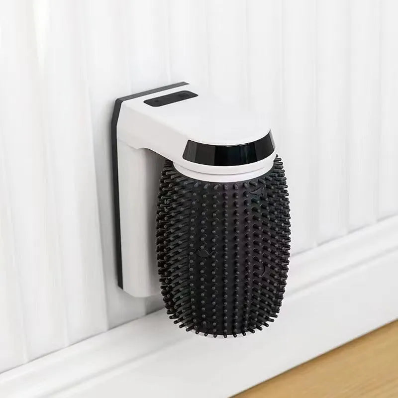 White automatic cat self-groomer mounted on wall corner with USB cable connection