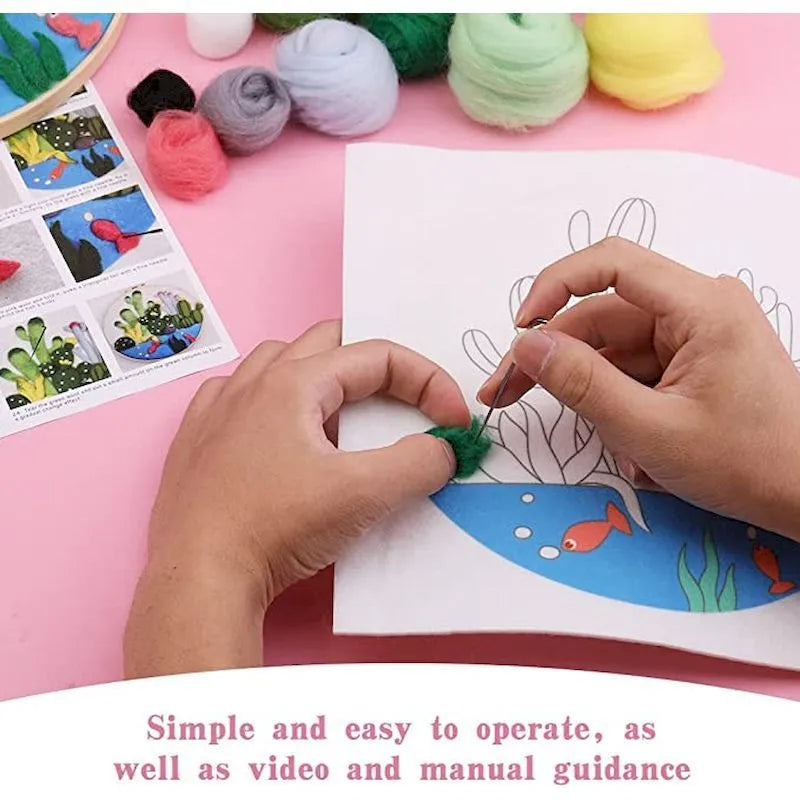 Round linen embroidery kit with wool felt pieces and embroidery frame for 20x20cm blanket painting