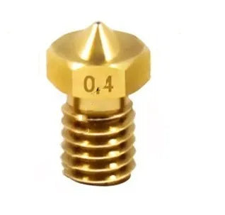 Brass 3D printer nozzle with M6 thread, showing multiple aperture size options.