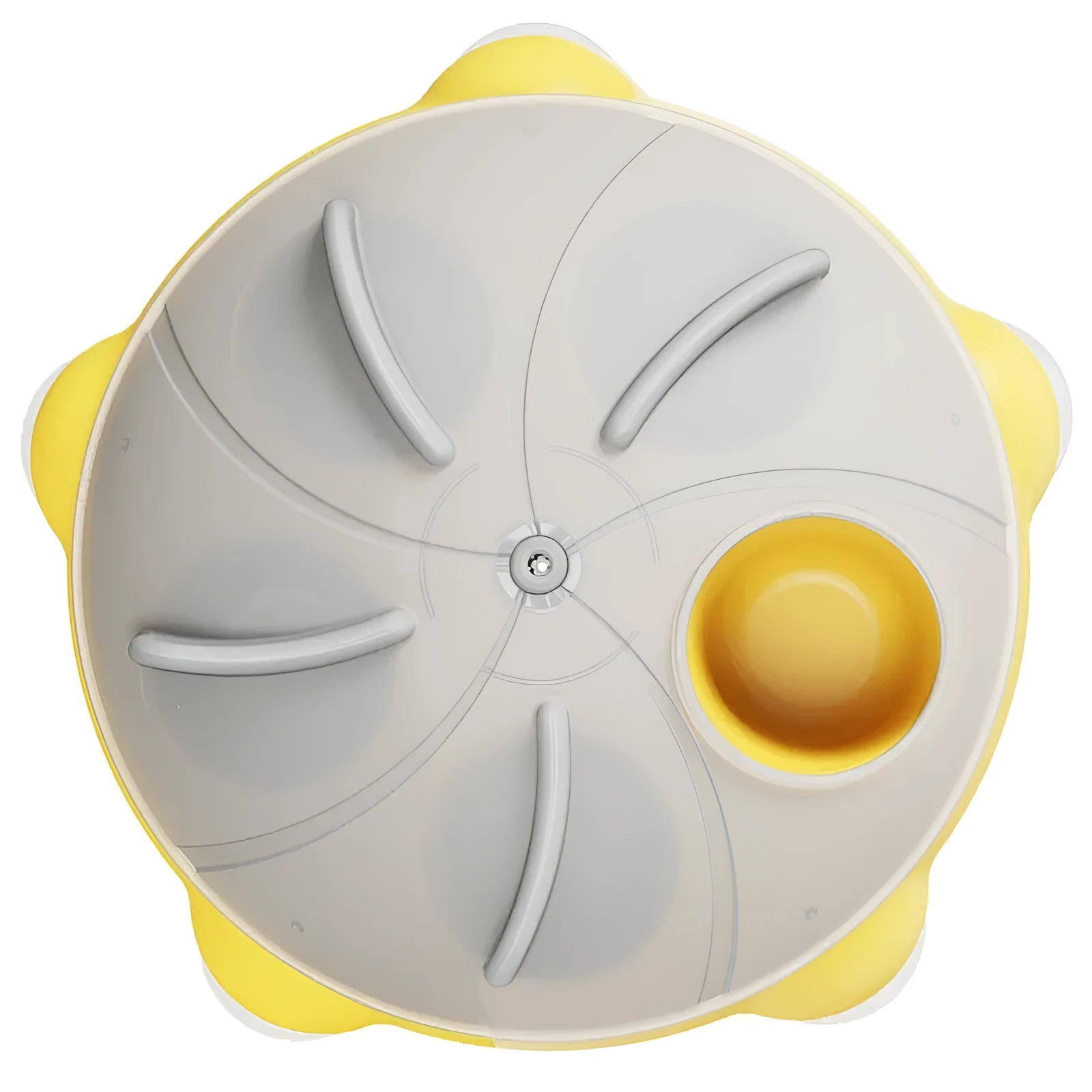 Yellow educational cat toy with treat dispensing and snack storage functions