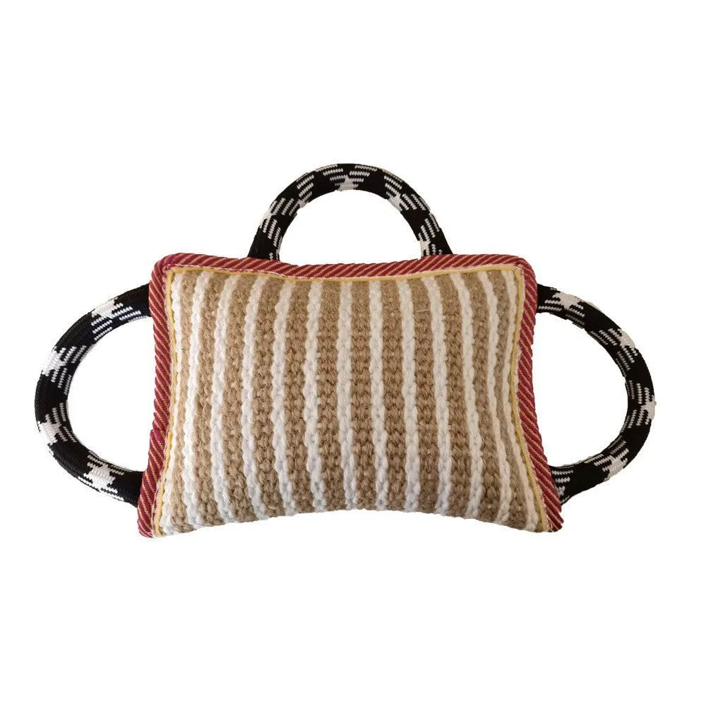 Dog rope tug toy with jute bite pillow and three handles in multiple colour options