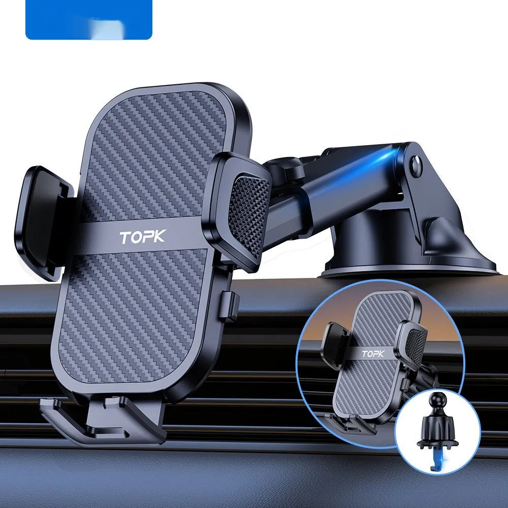 TOPKD46 universal car phone holder with multiple bracket styles for windscreen, dashboard and air vent mounting