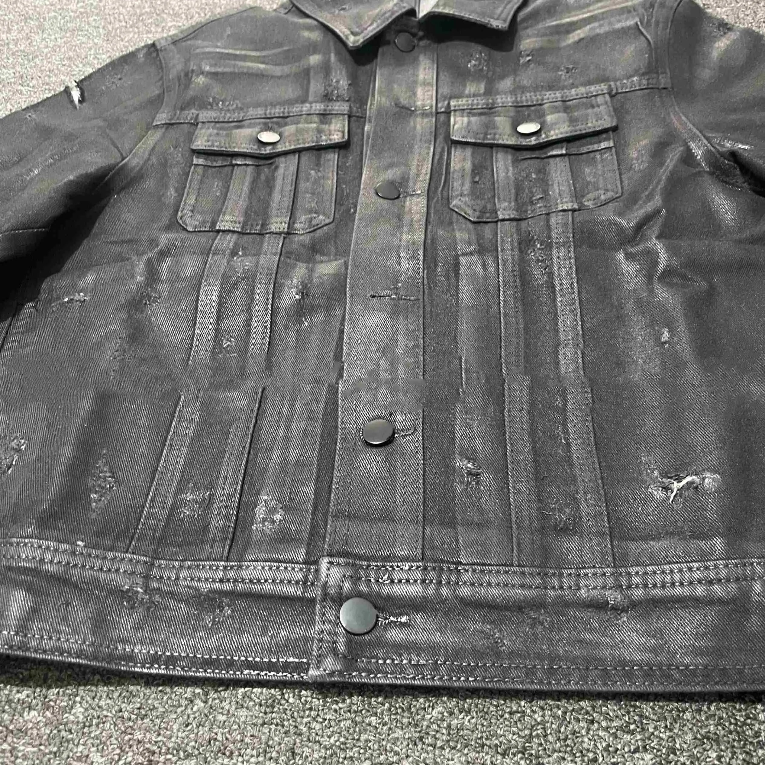 Denim coat archive short slim jacket men black polyester lapel collar long sleeves