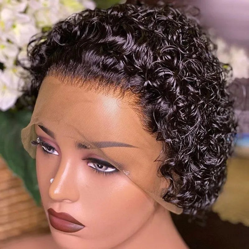 Black lace front pixie cut wig made from 100% human hair in dark brown colour 13x1 on a mannequin head