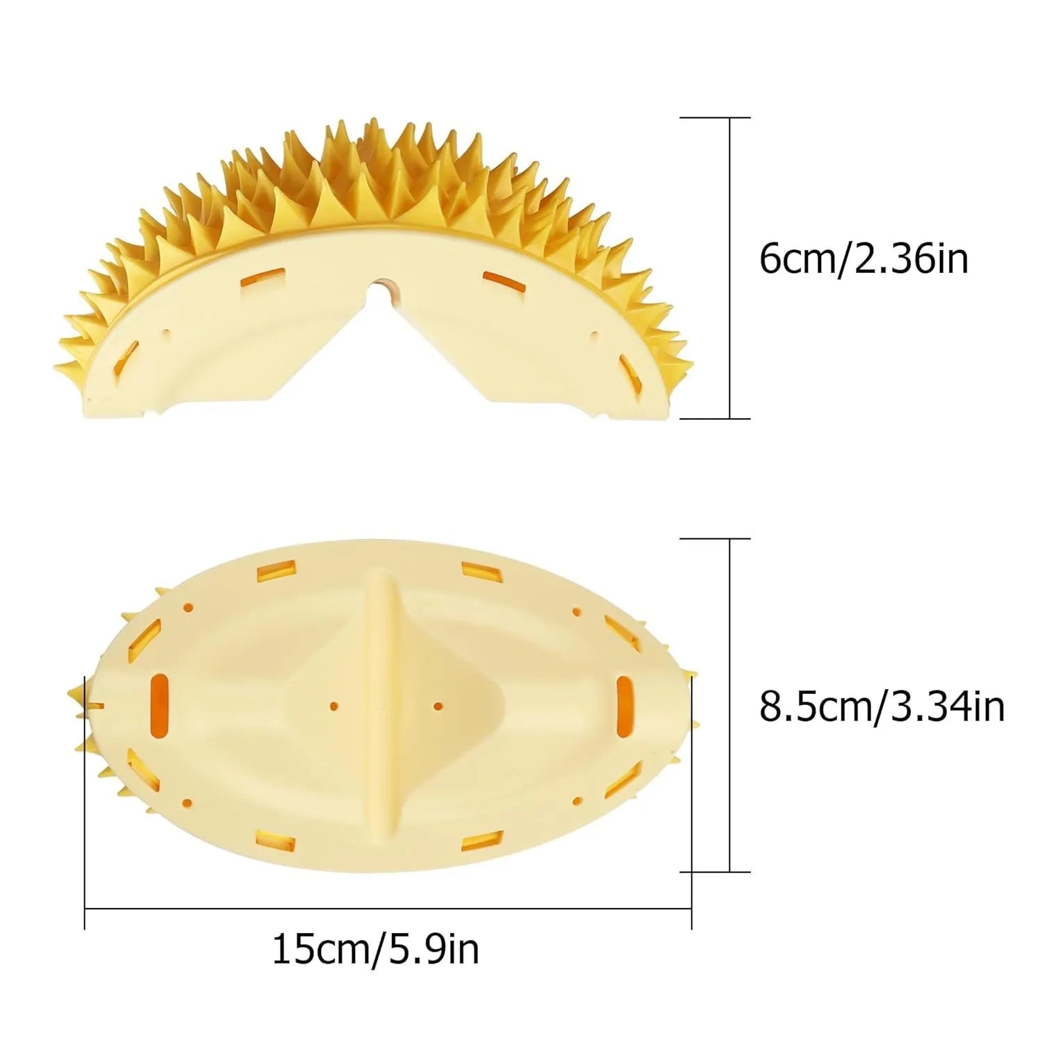 Yellow durian-shaped cat corner scratcher and grooming toy with catnip.
