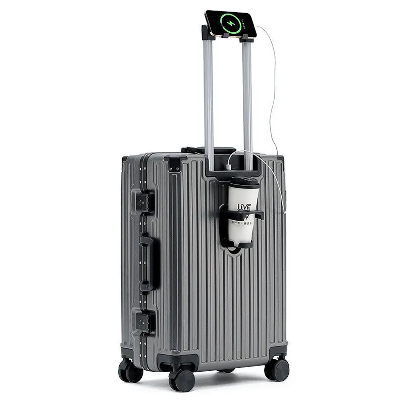 Hard shell aluminium frame luggage in avocado green with USB port and universal wheels.