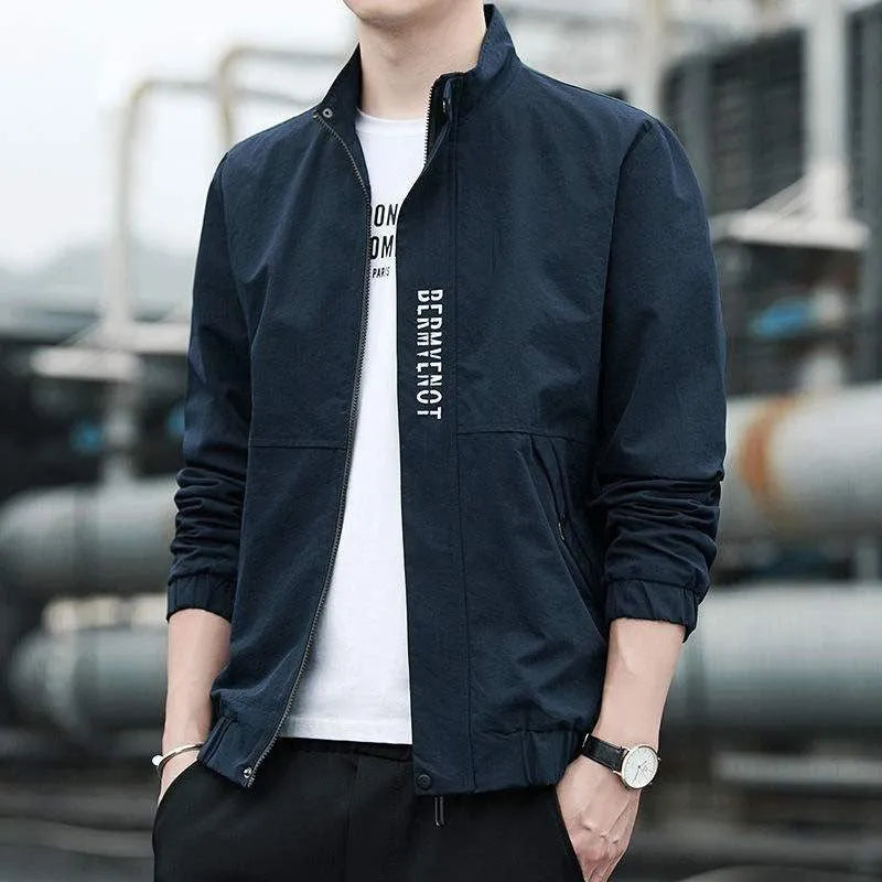 Men's stand collar casual coat in polyester with straight hem and long sleeves