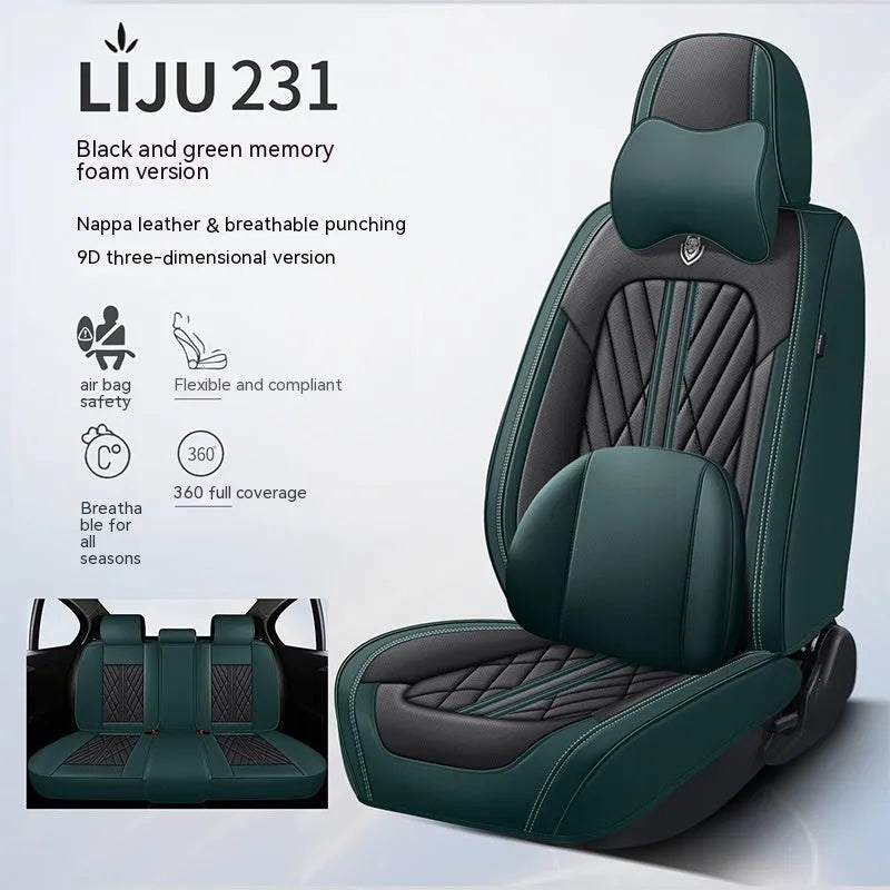 Five-piece leather car seat cushion set in various colour options including striped patterns