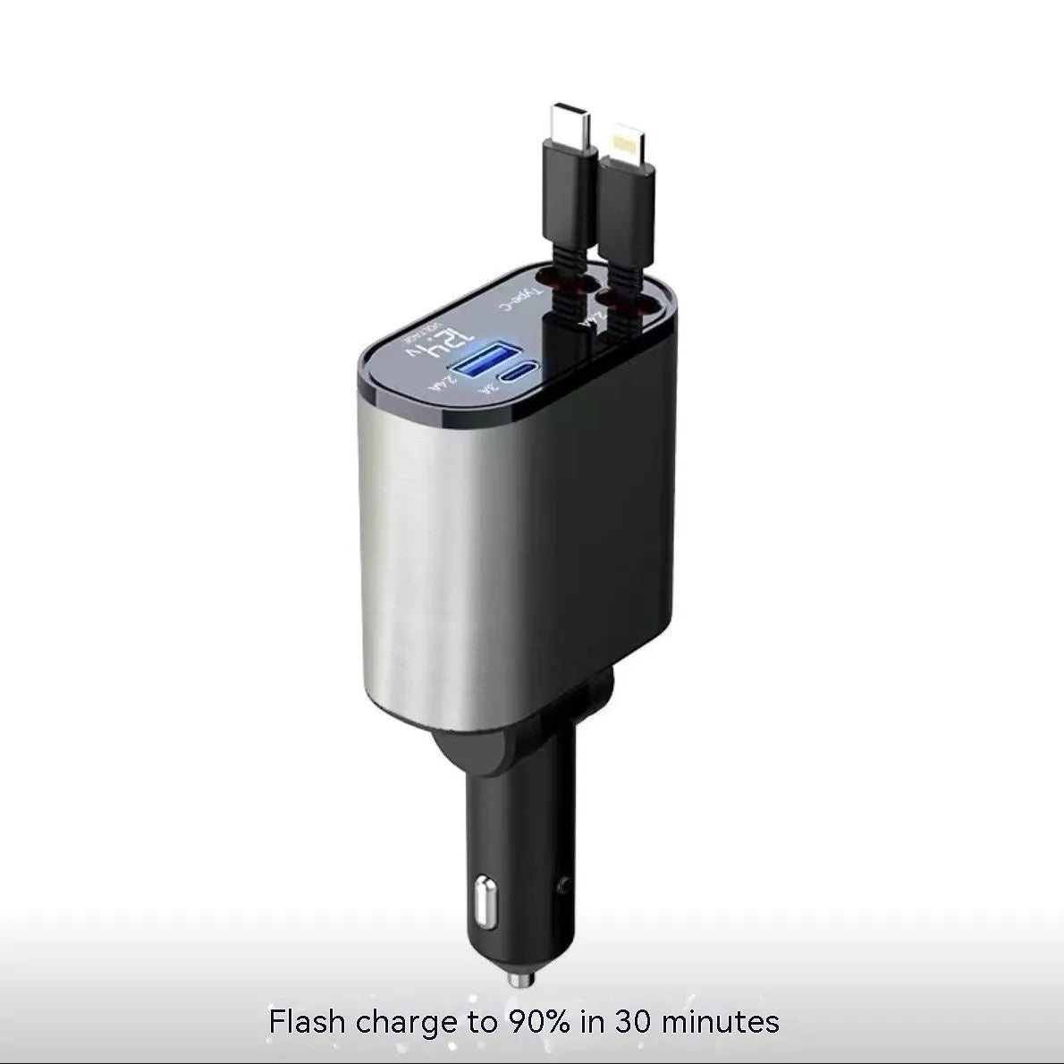 Automatic retractable car charger plugged into a vehicle cigarette lighter socket with its cable extended.