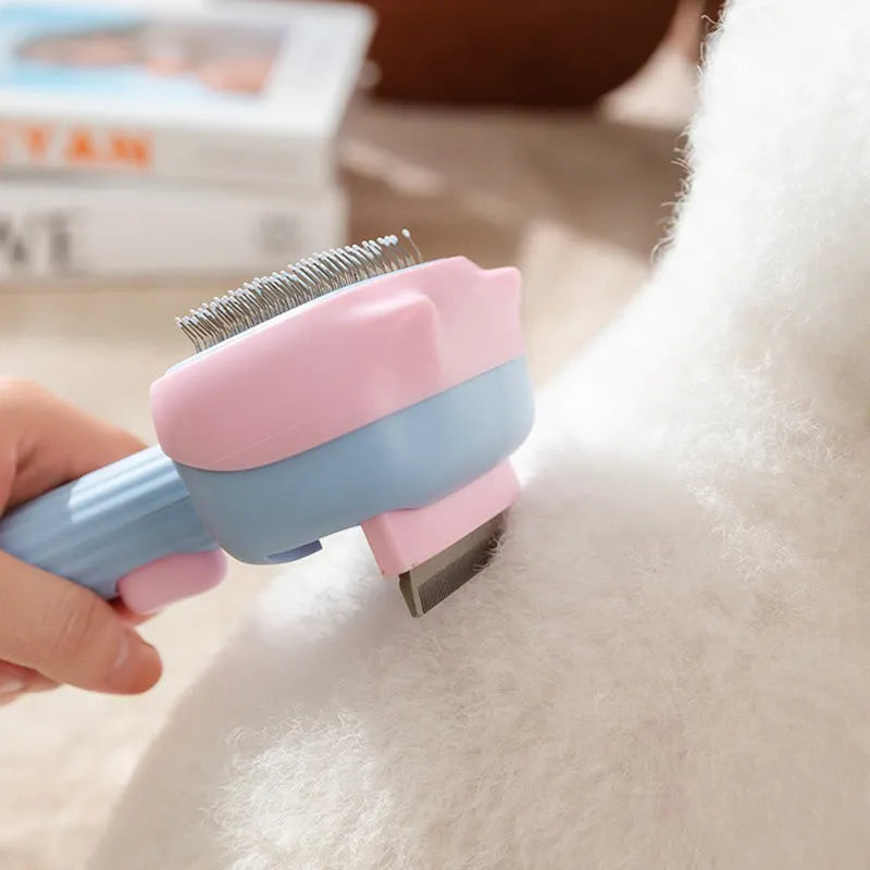 Blue and green double-sided pet grooming brush with deshedding rake and dematting comb.