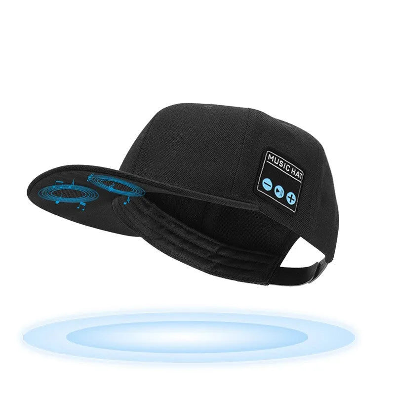 Wireless Bluetooth audio cap headphones in black with integrated side controls and fabric baseball cap design