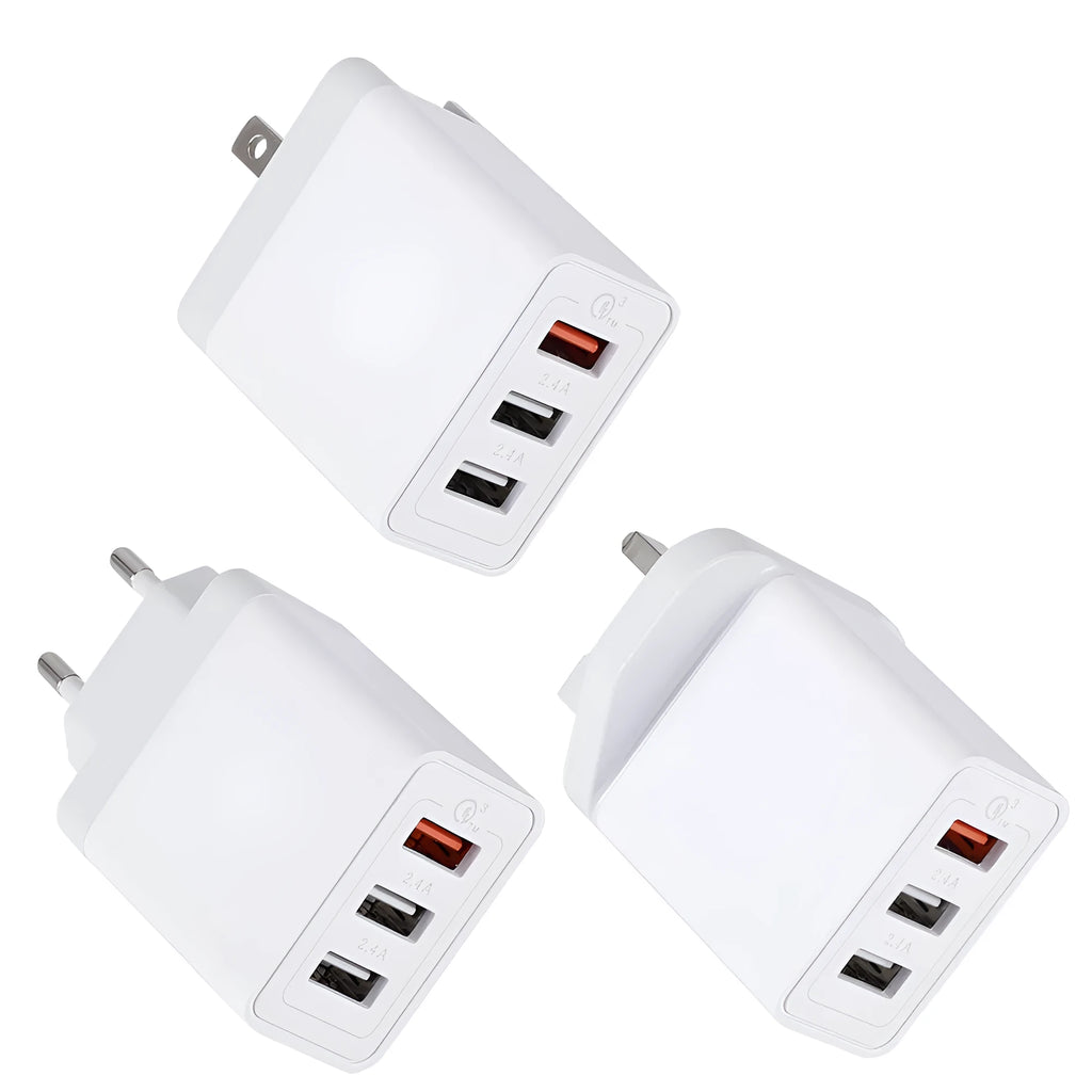 White 3USB mobile phone charger with EU, UK or US plug, 5V 2400mA output, 45mm wide compact body
