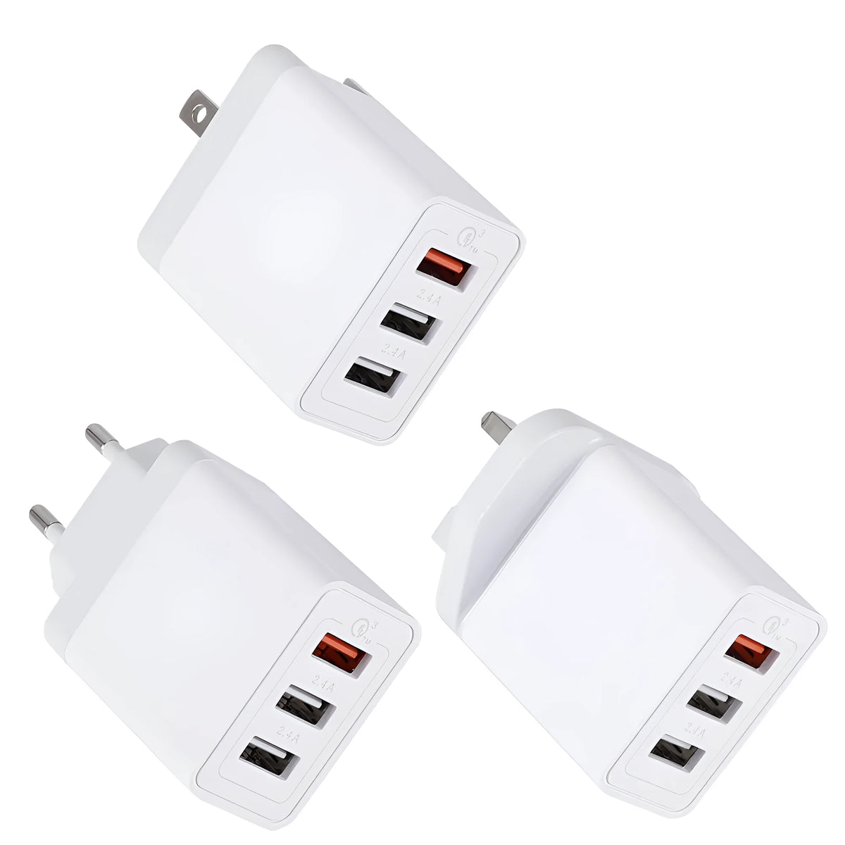 White 3USB mobile phone charger with EU, UK or US plug, 5V 2400mA output, 45mm wide compact body
