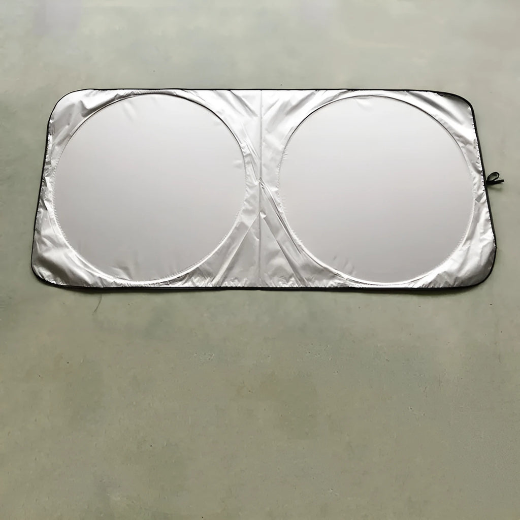 Silver universal car sunshade measuring 190 by 90 cm with cloth storage bag