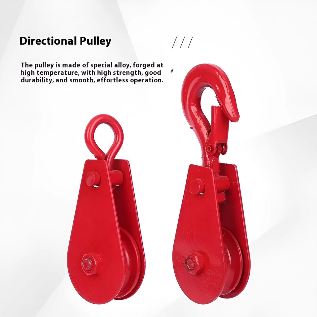Red industrial steel lifting pulley with a safety latch on the hook for secure lifting.