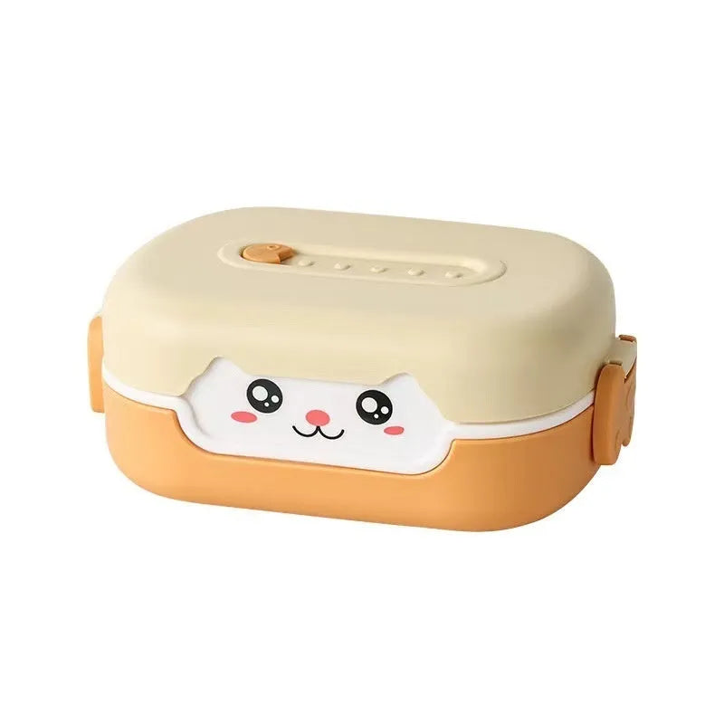 Square divided plastic lunch box in solid colour options of dark blue, pink and green, or orange yellow.