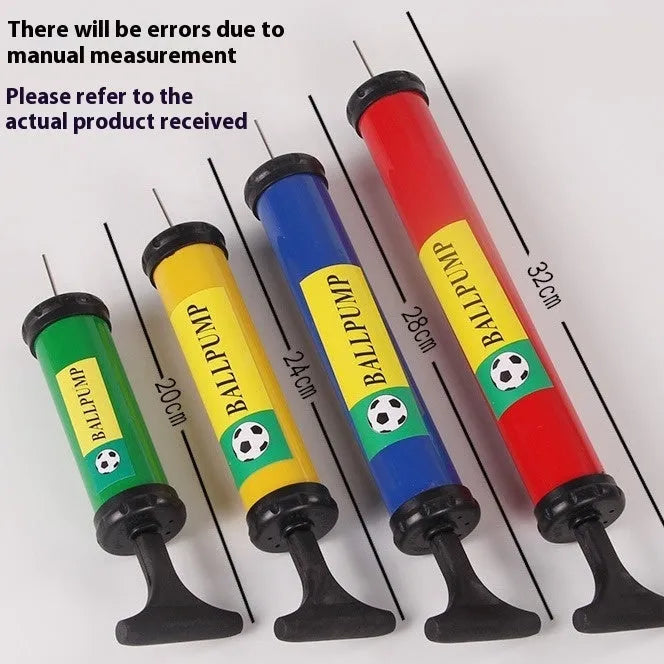 Mixed colour plastic manual hand pump for inflating basketballs, volleyballs, footballs, and balloons.