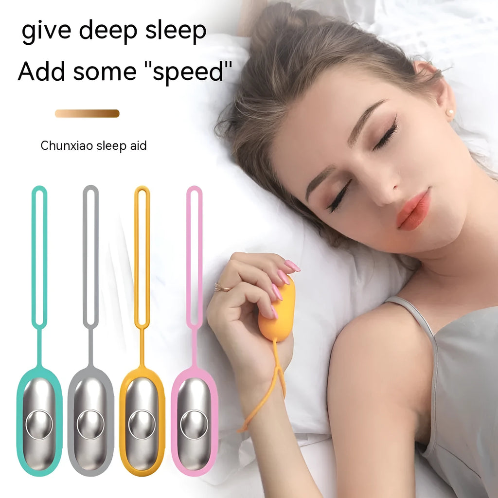 Intelligent handheld sleep aid device showing pulse decompression technology and multiple colour options