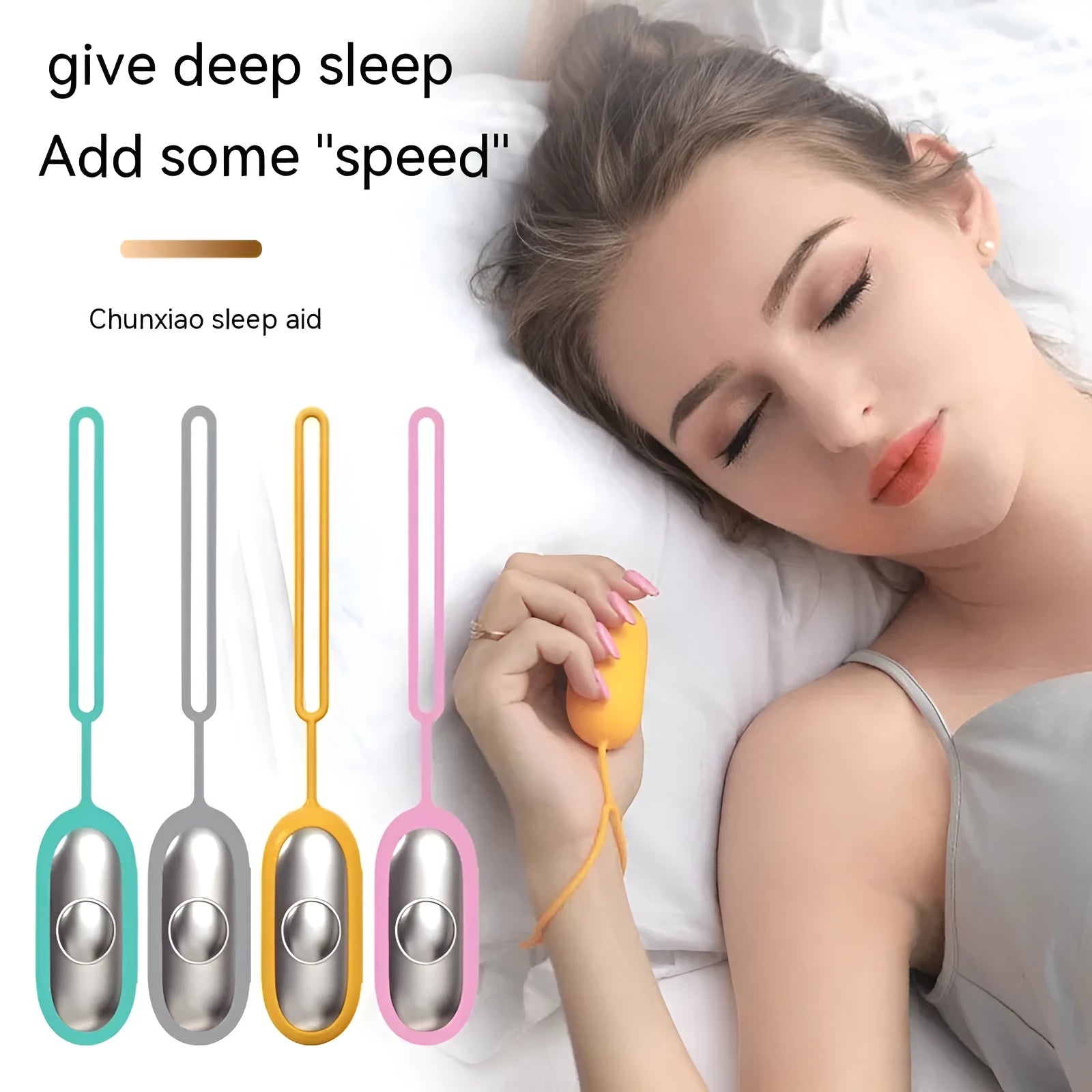 Intelligent handheld sleep aid device showing pulse decompression technology and multiple colour options