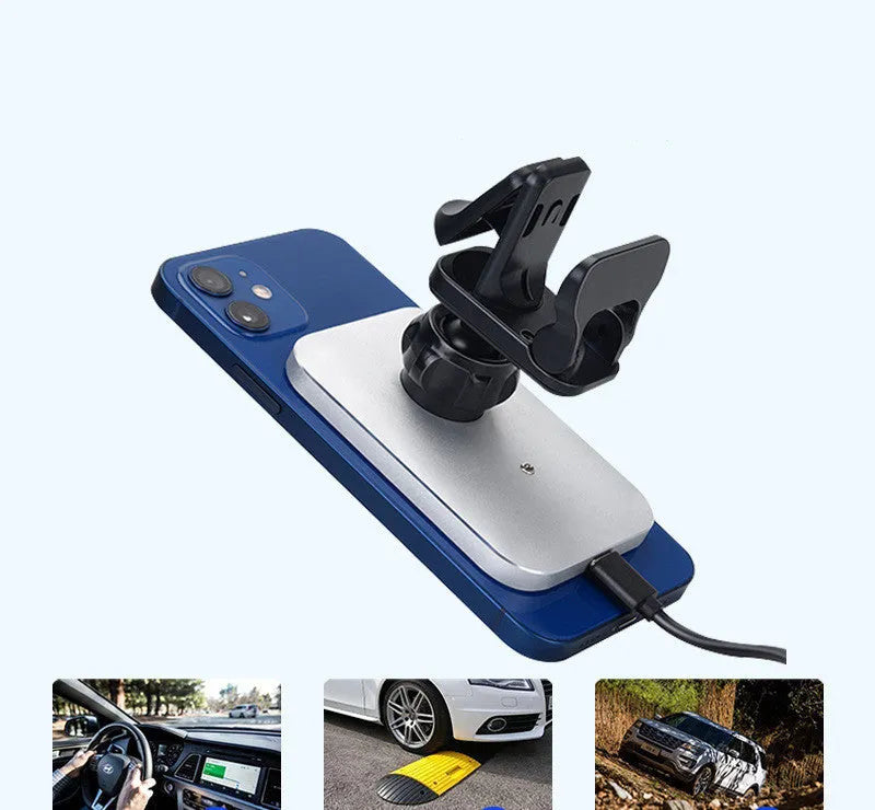 Black magnetic wireless charging car phone holder mounted with a silver iPhone.