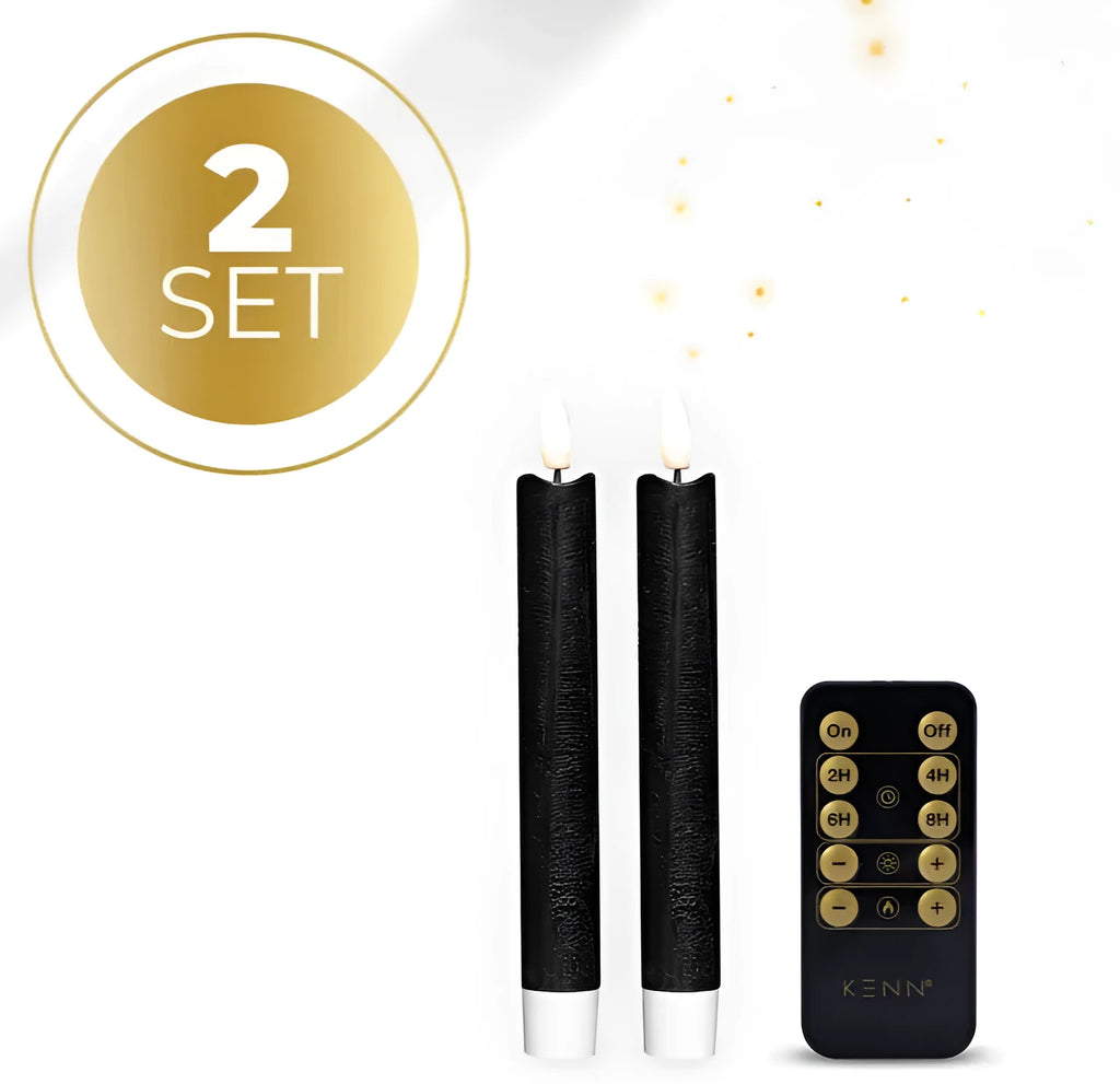 Set of four black flameless LED taper candles with realistic 3D flickering flames.