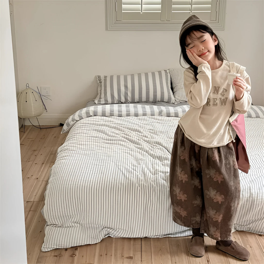 Pure cotton casual children's pants in brown and gray with high waist hair band belt for 80cm to 130cm heights