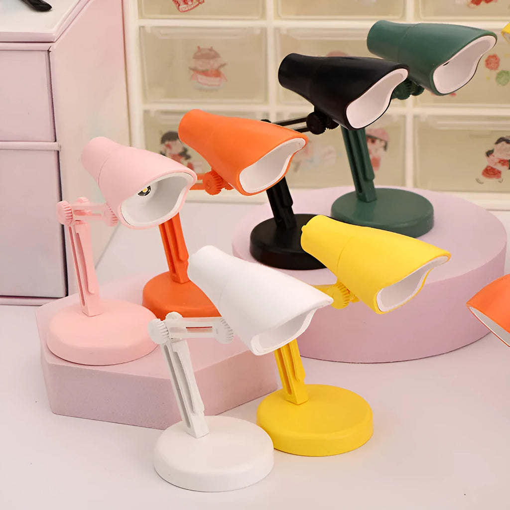 Mini table lamp with magnetic base and book clip, plastic shade, round lamp holder, white colour option