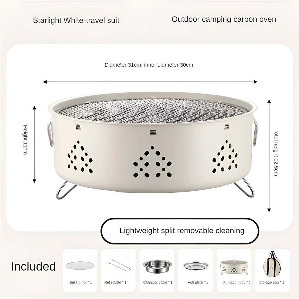Portable stainless steel detachable BBQ grill with carry bag for outdoor camping.