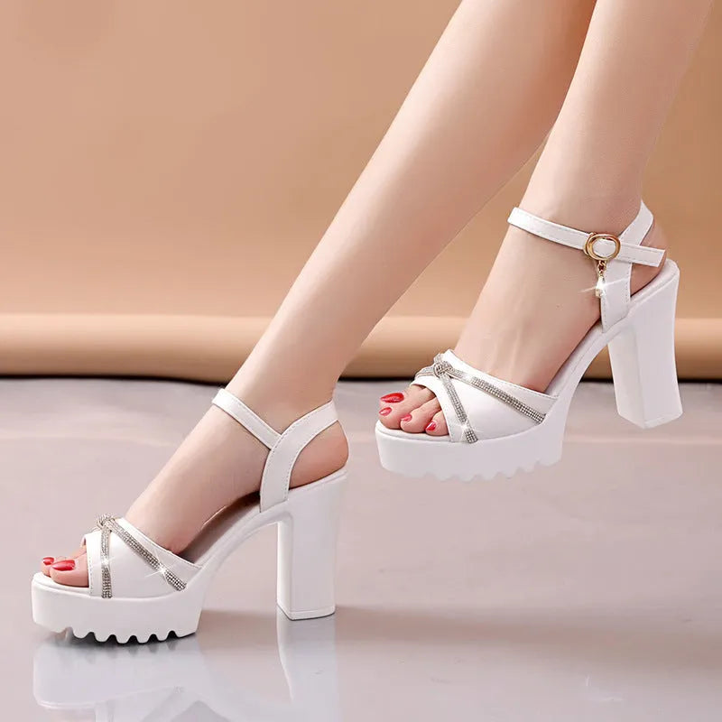 Women's black and white PU wedge heel sandals on a plain background, showing the front and side profile.
