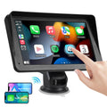 Portable car stereo with 7-inch touchscreen showing CarPlay interface, plastic body, and AUX cable