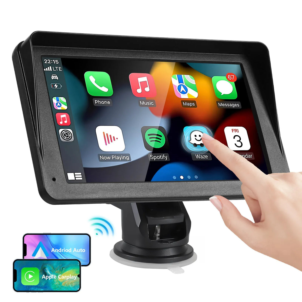 Portable car stereo with 7-inch touchscreen showing CarPlay interface, plastic body, and AUX cable