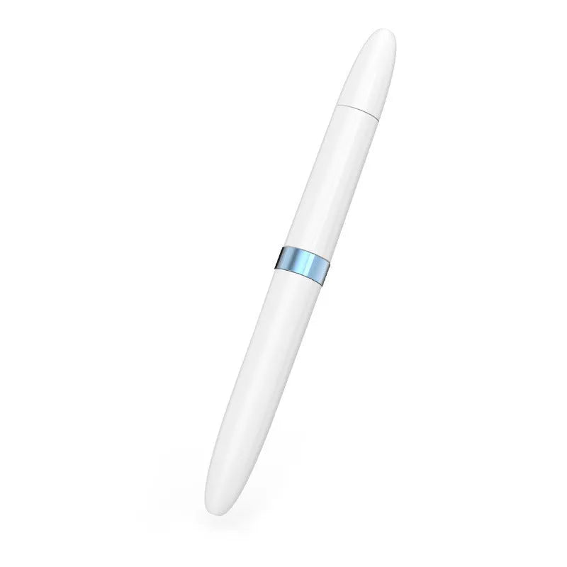 Blue headphone cleaning pen with stainless steel nib and brush, shown with flocking sponge extended.