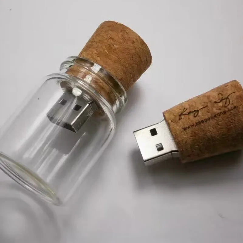 Wooden wish drift bottle shaped USB flash drive with transparent casing showing 60mm length.