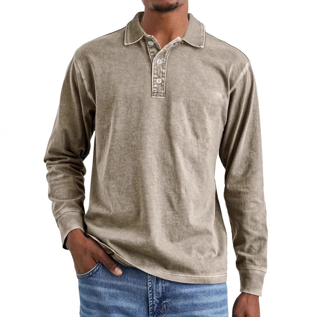 Men's retro washed distressed pure cotton lapel long sleeve polo shirt on a hanger