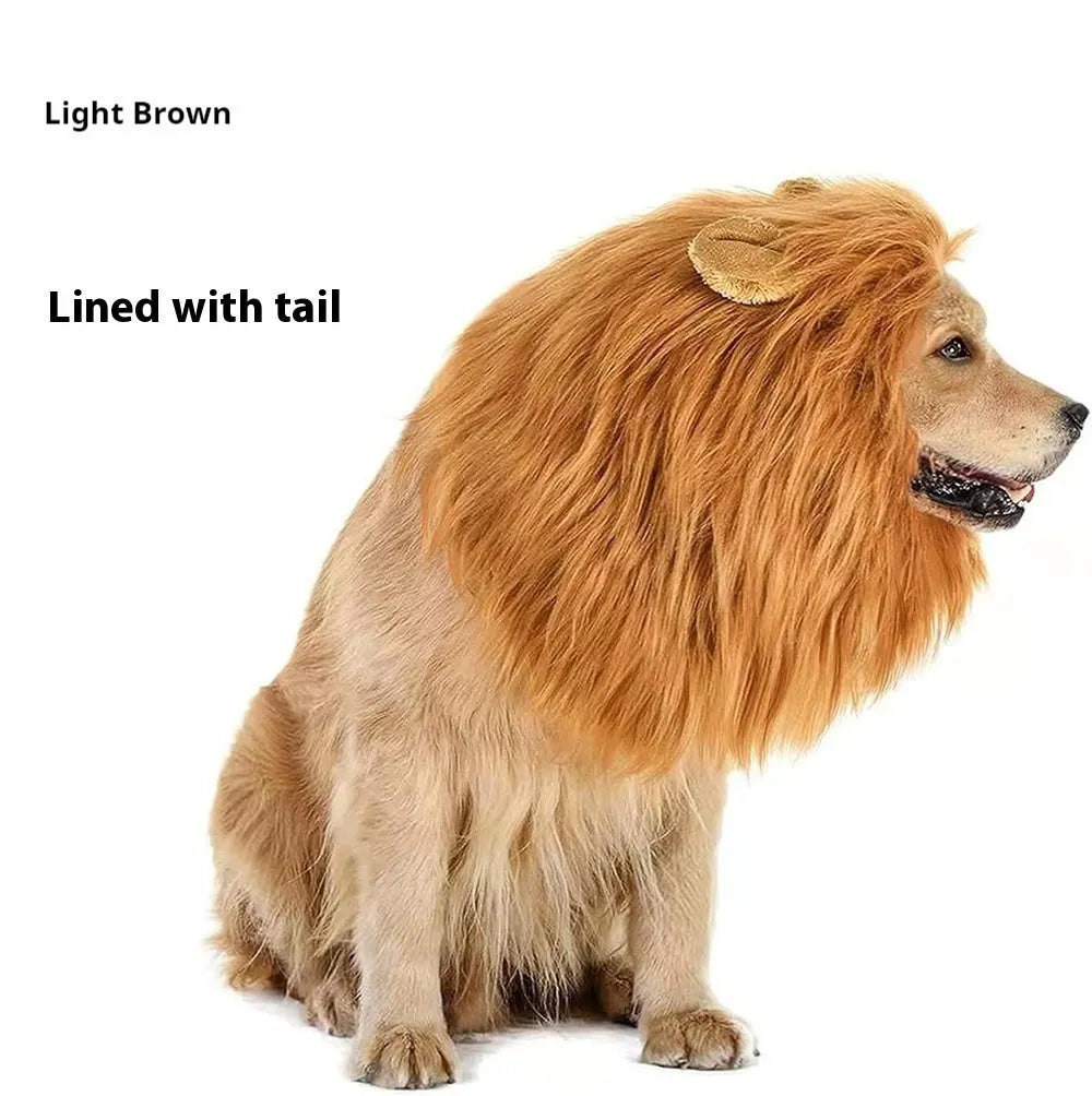 Pet dog wearing lion head cover costume with realistic fur in choice of black, light brown or red brown colours