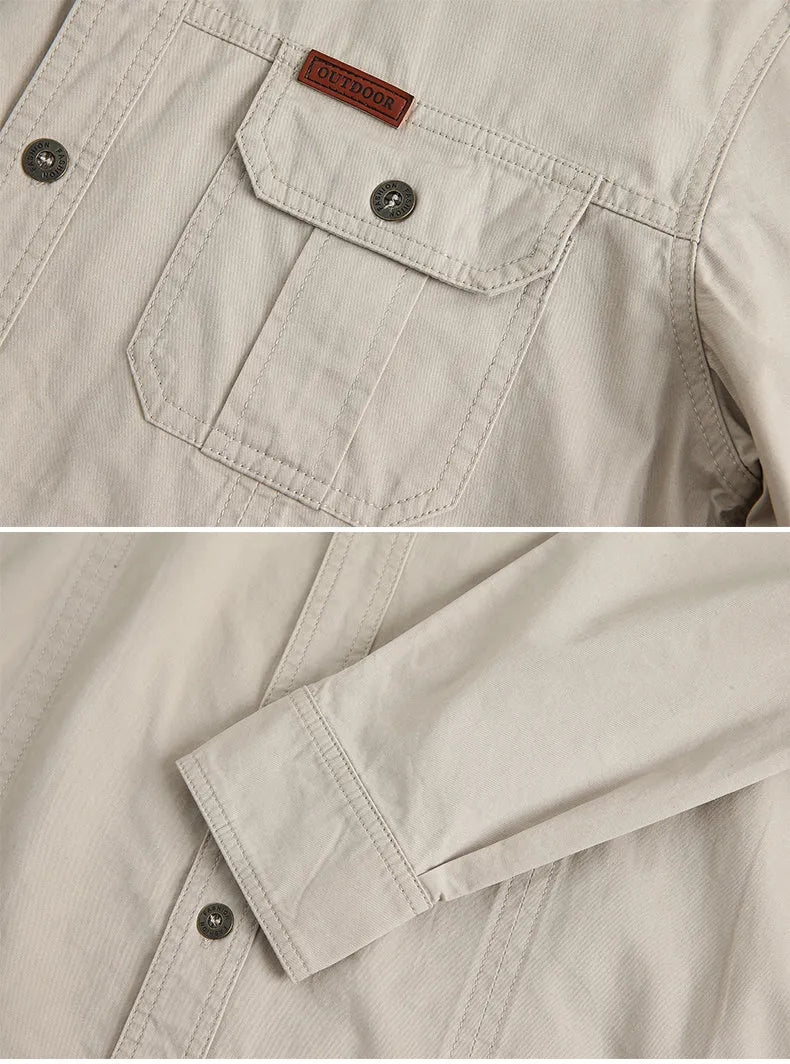 Men's casual loose long sleeve cotton shirt in solid colour, quick-dry fabric, available in multiple sizes