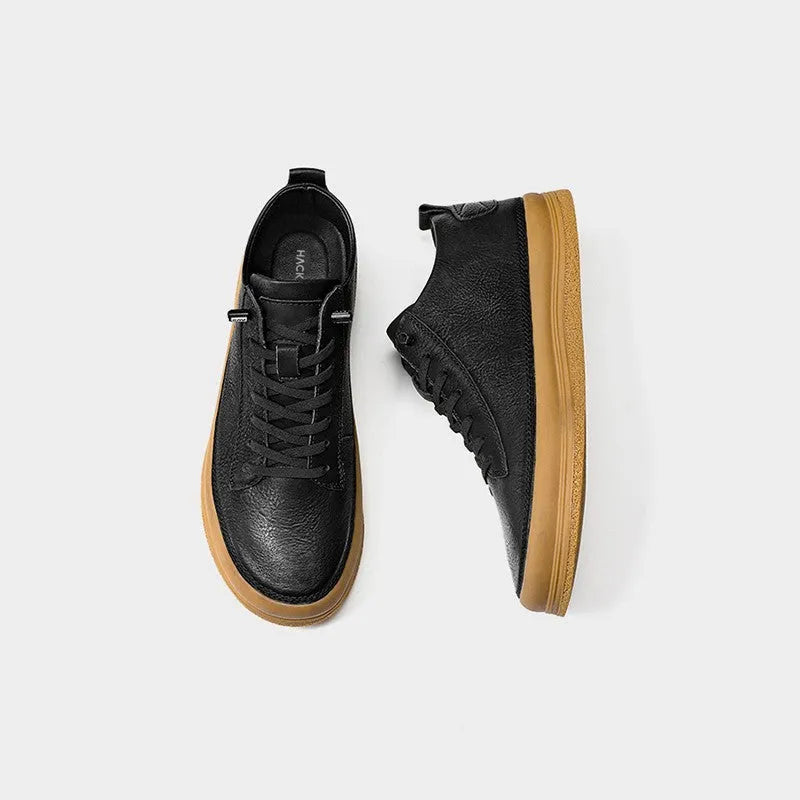 Men's black leather casual lace-up shoes with a round toe and flat rubber sole