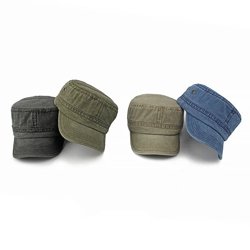 Flat top military cap in cotton fabric with adjustable strap and four colour options