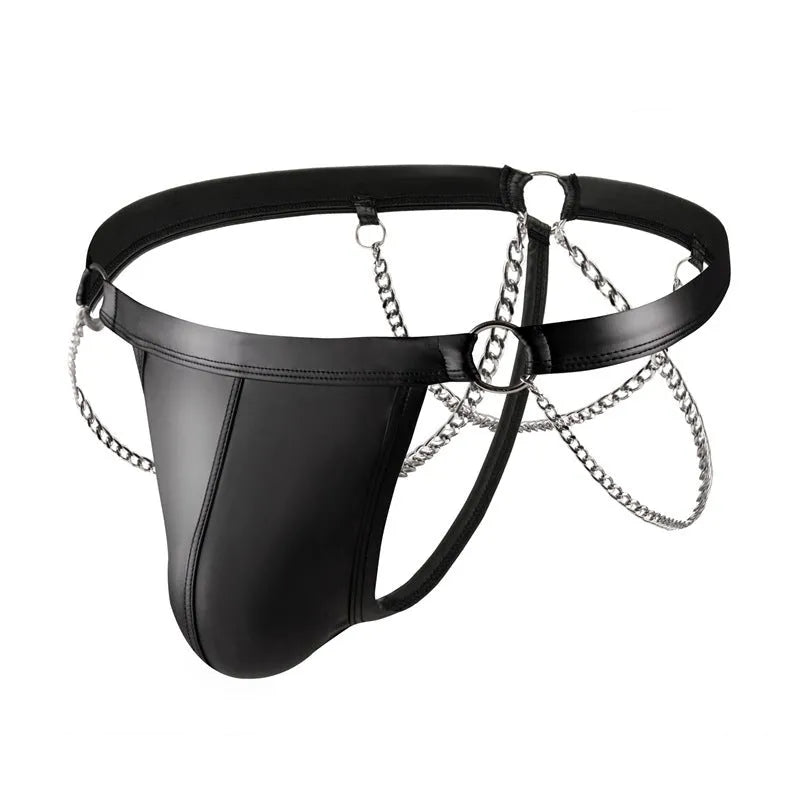 Men's black patent leather thong underwear with chain design detailing